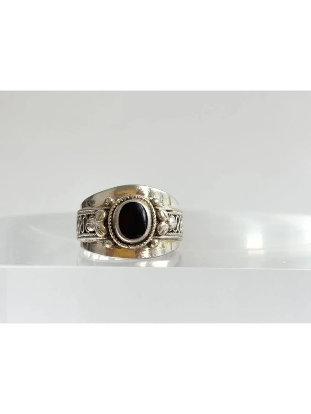 Thai Made Made Black Onyx Rope Chunky Sterling Silver 925 Vintage Ring - sz 6